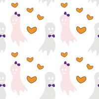 Seamless Halloween pattern with two ghosts in love and orange heart shapes. Isolate. Happy Halloween vector