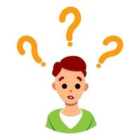 Confused man face. Simple flat vector illustration of question dilemma problem concept, isolated on white cartoon character, business asking analysis mark.