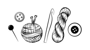 Knitting tools outline graphic icon set, isolated on white background simple shape, knitting hook, needles, yard, thread, buttons, pin, doodle print. vector