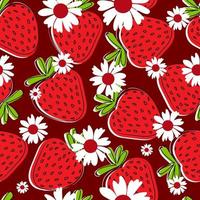 colorido patrón sin costuras de fresa con frutas y flores. plantilla de impresión de tela vectorial de fideos con bayas rojas. diseño de paquete jugoso dibujado a mano. vector