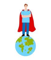 Doctor character with super hero cape standing on earth. Medicine concept vector illustration isolated on white background.