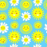 Cute cartoon sun and camomile flower character with kawaii face. Simple doodle yellow mascot isolated on blue background. Flat hand drawn illustration. vector