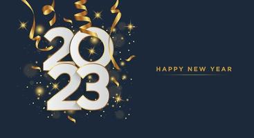 Happy new year 2023. White paper numbers with golden Christmas decoration and confetti on dark background. vector