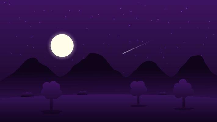 night landscape scene with full moon and stars above hill