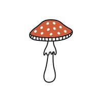 Fly-agaric groovy mushroom doodle. Amanita element autumn collection. Black outline isolated on a white background. Hand drawn line art, cute vector illustration.