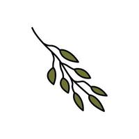 Green twig with leaves doodle. Element of autumn aesthetics. Black outline on a white background. Hand drawn line art, cute vector illustration.