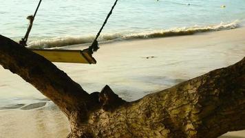 Wooden swing along the ocean. In the background, azure waves crash on the shore. Tourism and travel concept video