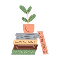 Cute minimalistic composition with a houseplant, books and knitted wool blanket vector