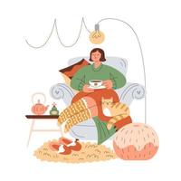 Smiling girl in warm clothes resting in comfortable armchair, holding hot drink with a cute ginger cat vector