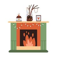 Cute minimalistic composition with a fireplace, lights, burning candles and decorative branches in a vase vector