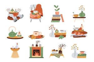 Collection of cute illustrations with burning candles, coffee, cacao, tea, knitted wool clothes and blankets, plants, books, fireplace vector