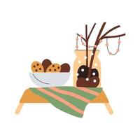 Cute minimalistic composition with a bowl of cookies, lights and decorative branches in a vase on a wooden stand vector