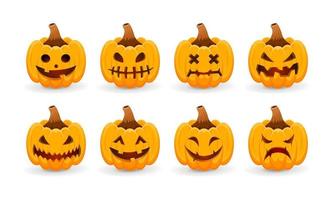 muchas calabazas muestran caras de risa, llanto, felicidad y miedo y se usan en halloween vector