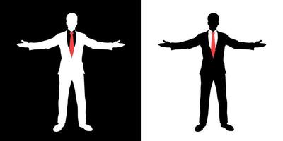 Businessman prides himself on his achievements with his arms outstretched on black and white background. Vector Illustration.