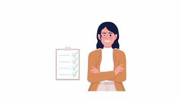 Animated planning manager character. Half body flat person 4k video footage with alpha channel. Woman with clipboard. Color cartoon style illustration for motion graphic design and animation