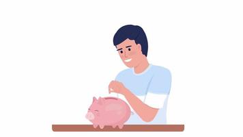 Animated frugal male character. Putting coin in piggy bank. Half body flat person 4k video footage with alpha channel. Savings color cartoon style illustration for motion graphic design and animation