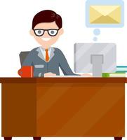 Young man sit at table with computer and receives letter. e-mail in messenger. Cartoon flat illustration. Work in office. postal envelope in bubble, chat with friends on Internet vector