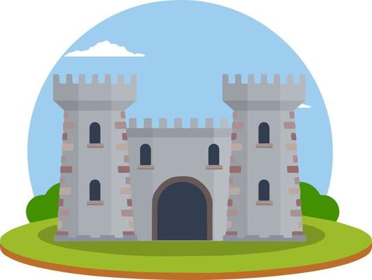 Medieval European stone castle. Knight fortress. Concept of security, protection and defense. Cartoon flat illustration. Military building with walls, gates and big tower.