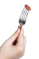 one brown bean impaled on fork in female hand photo