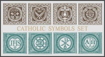 símbolos católicos vector conjunto de 8, grabado antiguo. simbolismo católico