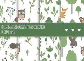 Vector set of seamless patterns with hand drawn flat funny baby animals. Forest themed repeating backgrounds for childrens design. Cute animalistic backdrop with little deer, bear, frog, owl, hare