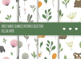 Vector set of seamless patterns with hand drawn flat funny baby animals. Forest themed repeating backgrounds for children design. Cute animalistic backdrop with little badger, hare, squirrel, bear.