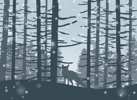 feliz invierno con paisaje de bosque nocturno y animal zorro vector