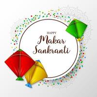 makar sankranti tarjeta de felicitación con papel redondo y cometa de colores vector