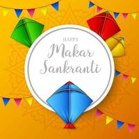 makar sankranti tarjeta de felicitación con papel redondo y cometa de colores vector