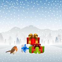 Christmas card with gift boxes and Robin bird vector