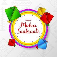 makar sankranti tarjeta de felicitación con papel redondo y cometa de colores vector