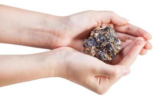 side view of zinc and lead mineral ore in handful photo