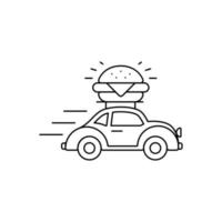 Online food delivery with burger on retro car line icon isolated vector