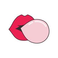 Pop woman red lips blowing bubble gum outline drawing sticker vector
