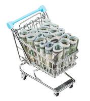 shopping carriage with dollar banknotes isolated photo