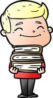 happy cartoon man with stack of books vector