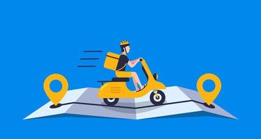 Courier with food bag using retro motorbike on the online map for delivery, concept online delivery vector