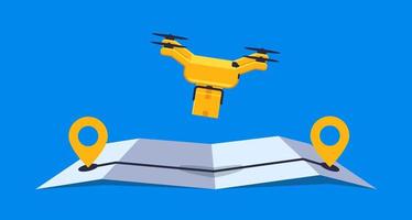 concepto de entrega en línea usando drones de aire con paquete en la ilustración de vector de mapa gps en línea