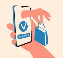 Hand holding vertically smartphone with hand with paper bag in screen smartphone and button purchase in isometric. vector