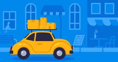 Concept online delivery using retro car with parcel, goes on blue background street vector illustration