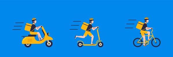 Set with elements online delivery, courier on motorbike, electric scooter and bike with bag delivery concept isolated vector