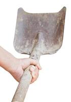 worker hand holds old shovel photo