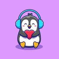 lindo pingüino sosteniendo amor con ilustración de icono de vector de dibujos animados de orejera. concepto de icono de naturaleza animal vector premium aislado. estilo de dibujos animados plana