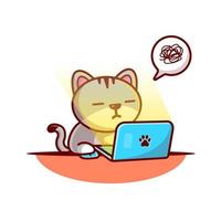 lindo gato trabajando en la ilustración del icono del vector de dibujos animados de la computadora portátil. concepto de icono de tecnología animal vector premium aislado. estilo de dibujos animados plana
