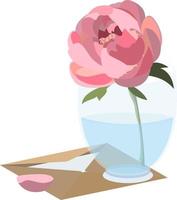 Vector illustration of pink peony put in glass standing on letter envelope. Isolated in white background