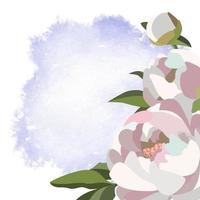 Square floral template with white peonies and leaves on watercolor styled purple background vector