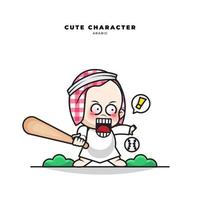 Cute cartoon character of arab baby is playing baseball vector