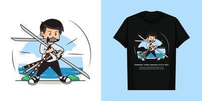 Illustration Vector Graphic of Samurai Boy with Three Swords Style and T-Shirt Mockup Design