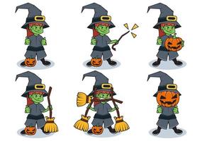 Bundle Set Illustration of Halloween Evil Witch Character with Different Activities vector