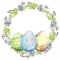Easter floral wreath with violet flowers, branches, leaves and eggs. Bouquet of flowers, watercolor illustration.